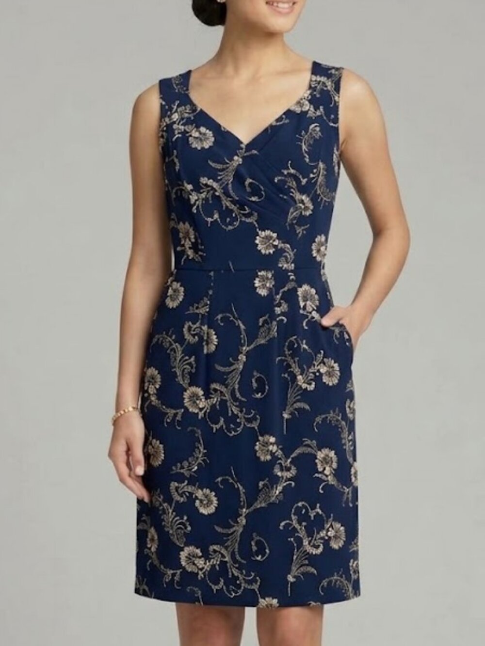 Pendleton 100% Silk Dress Petite 6 Navy Blue Floral Sleeveless Pockets V-Neck